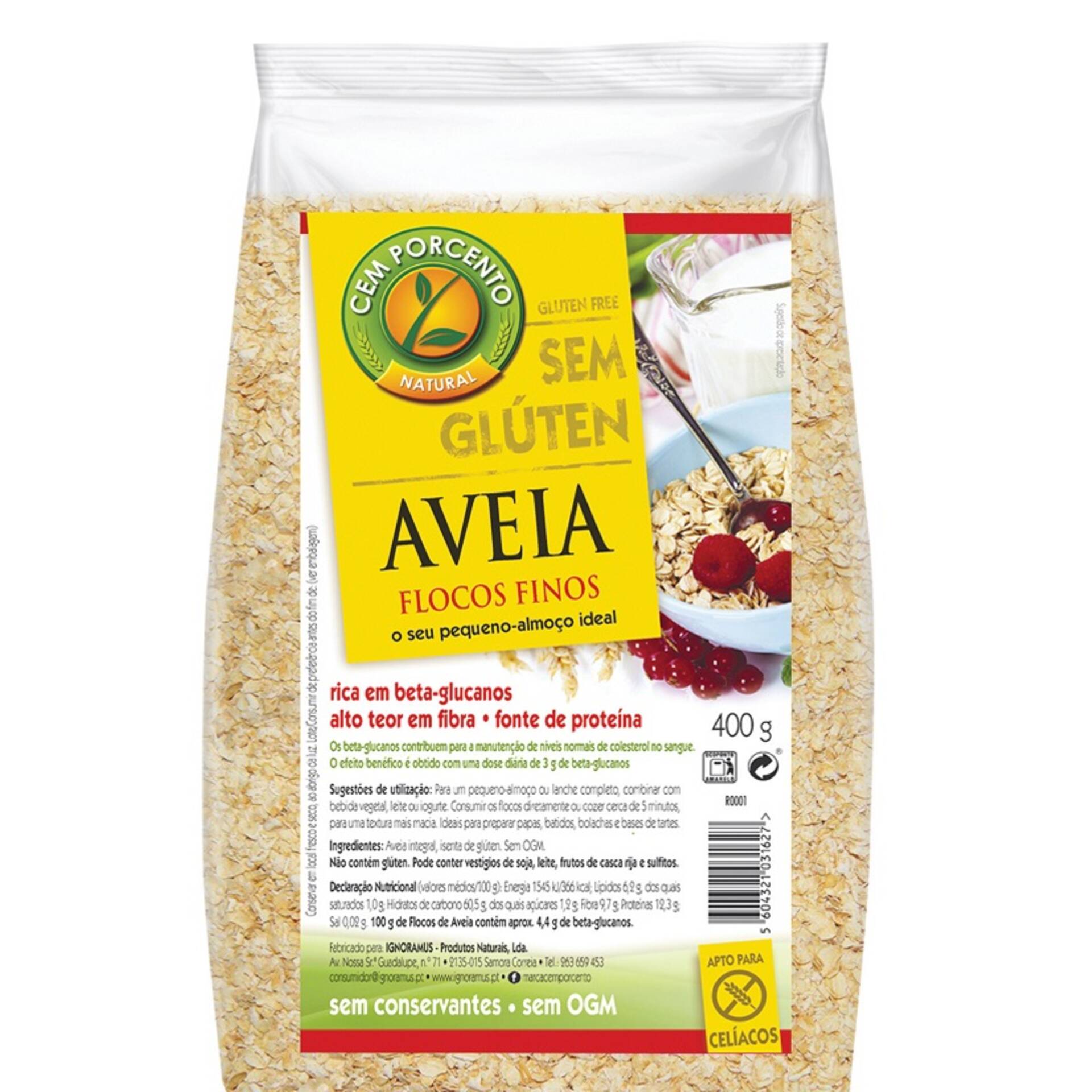 Flocos de Aveia Finos sem Glúten Cem Porcento emb 400 gr